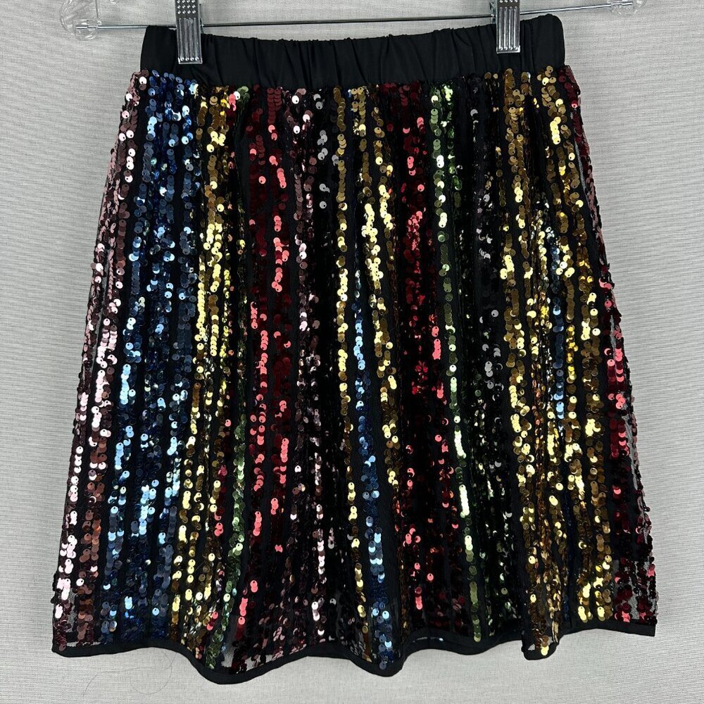SHEIN RAINBOW SEQUIN FLARE FULLY LINED MINI SKIRT VERTICAL STRIPES SIZE 11-12 Y